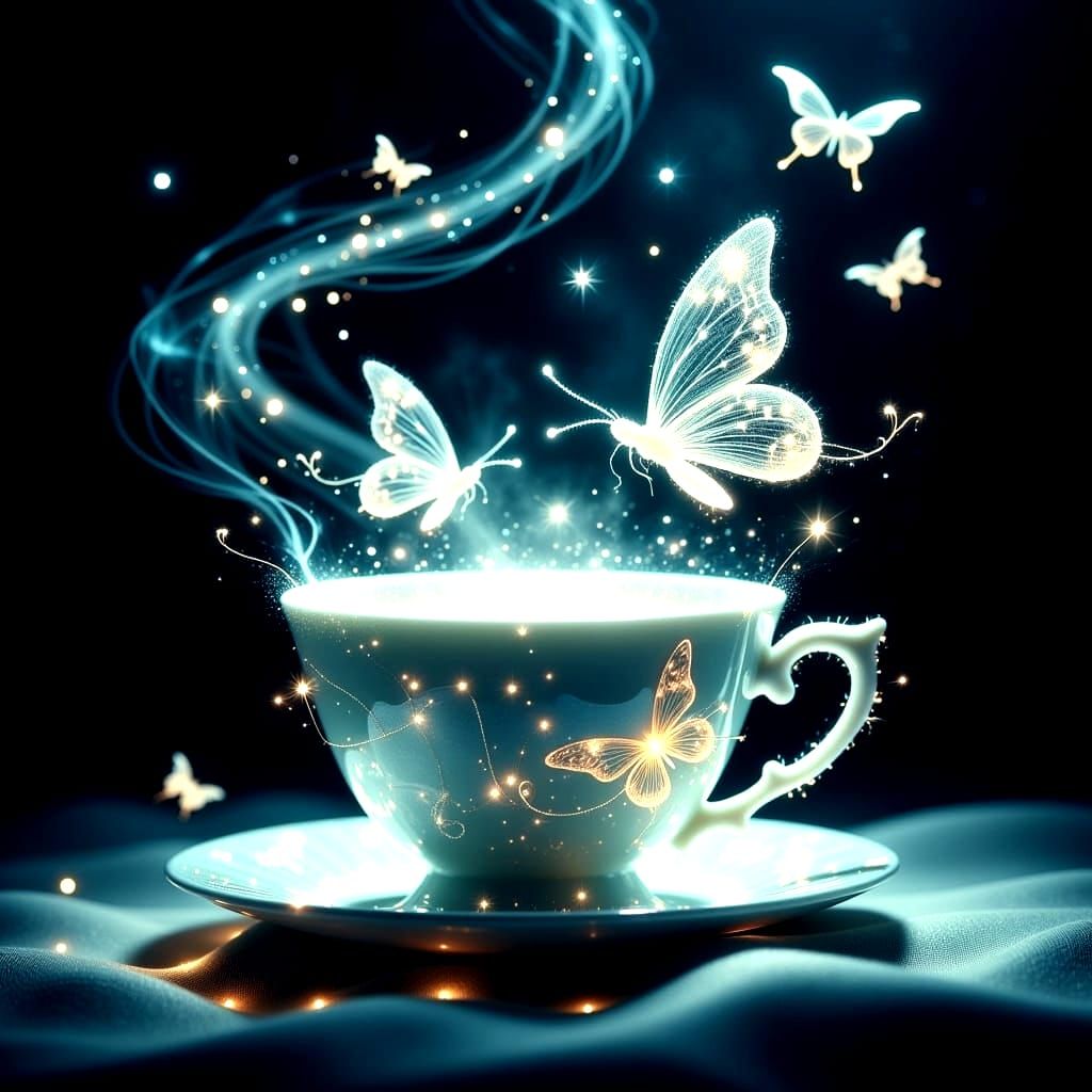 Glowing Teacup Galaxy with Butterflies