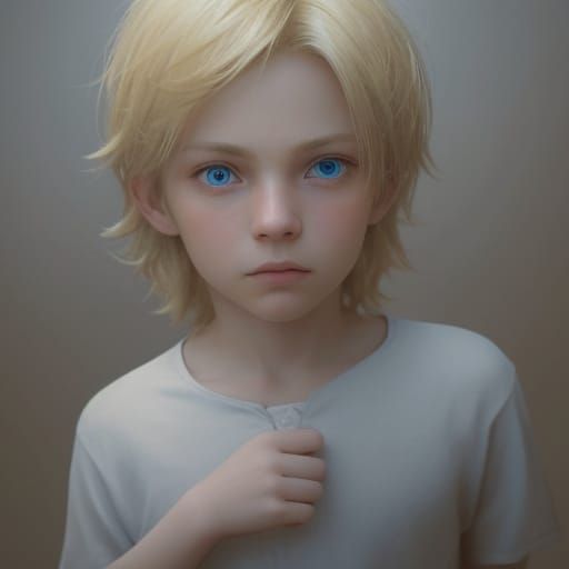 Hyper-Realistic Portrait of a Young Boy with Glowing Blue Ey...