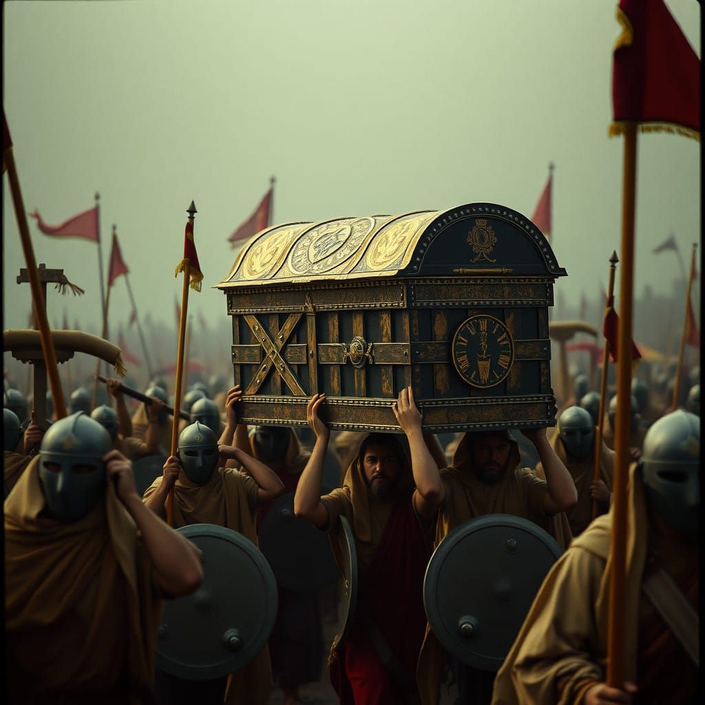 Epic Biblical Cinematic Film Still of the Ark in Battle