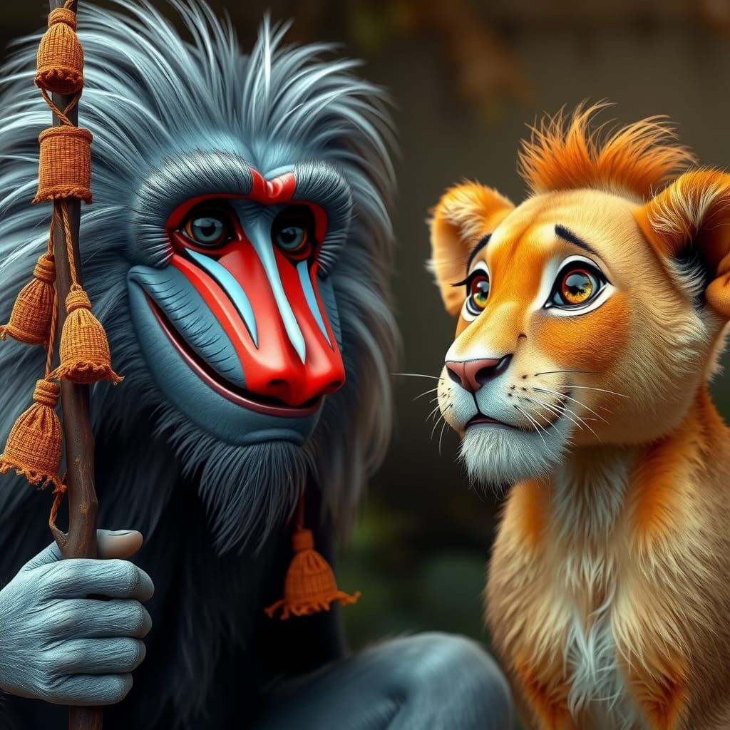 Hyper-realistic Lion King Scene: Rafiki and Simba