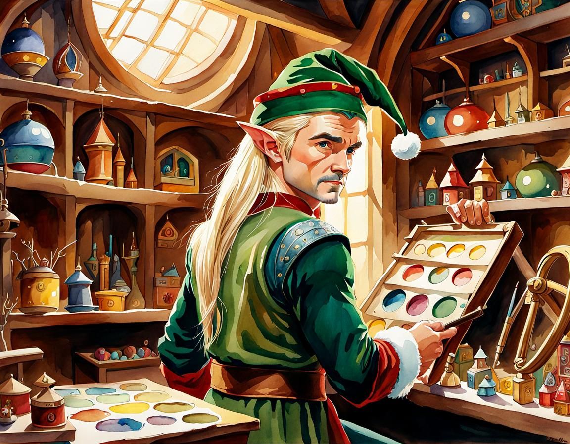 Legolas as Santa's Elf: Watercolor Fantasy