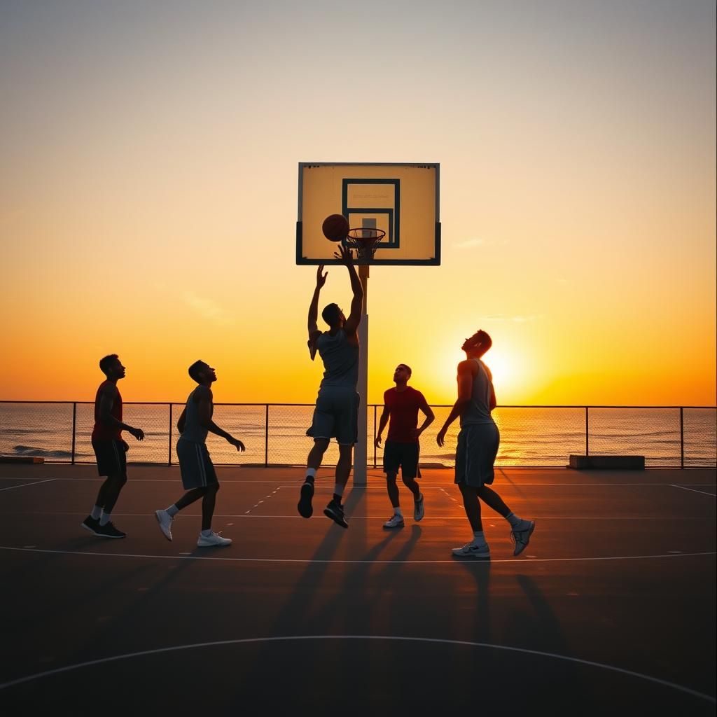 Basketball Players in Golden Sunlight: Cinematic Seaside Cou...