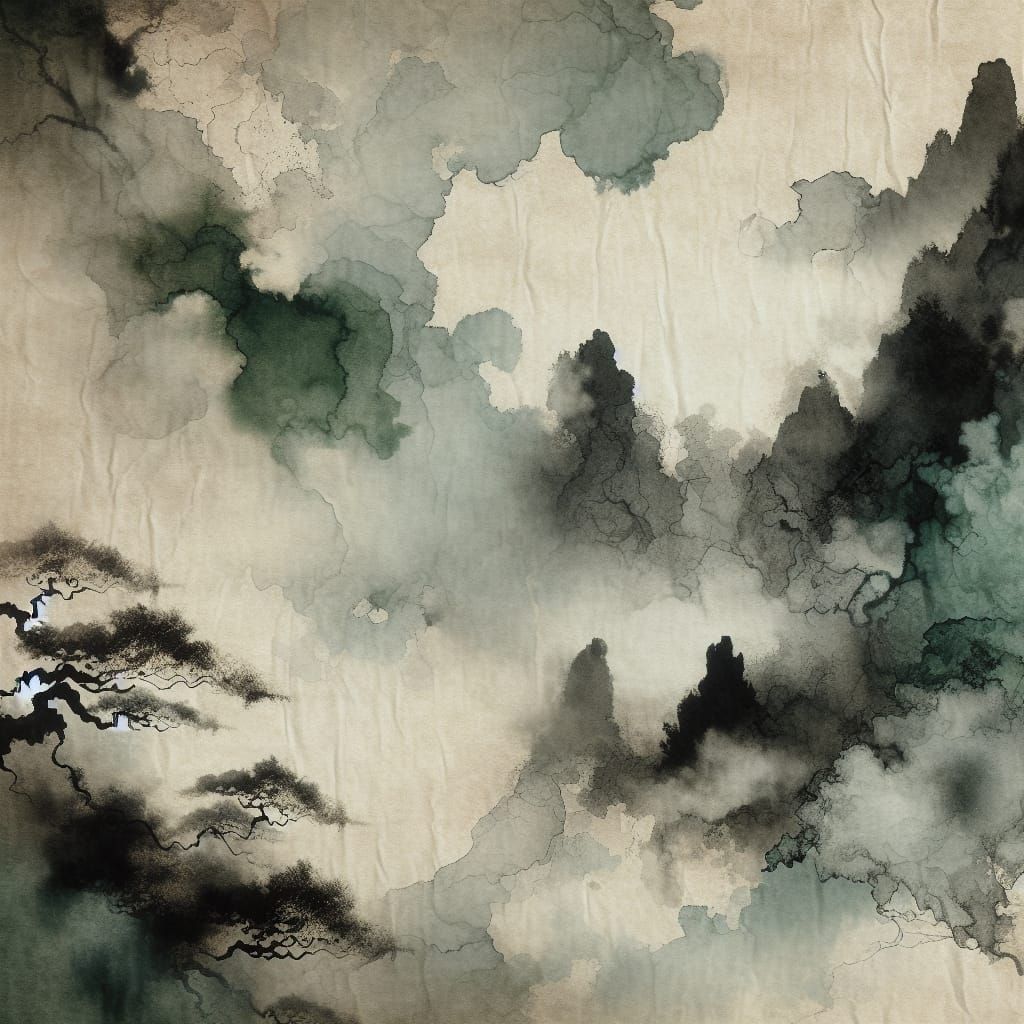 Ethereal Ink Wash Landscape with Distressed Texture