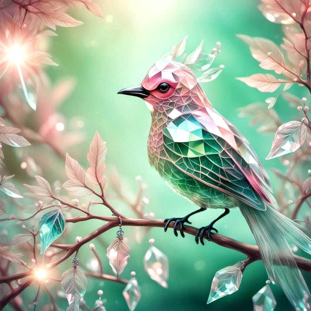 Glittering Crystal Bird on Leafy Branch