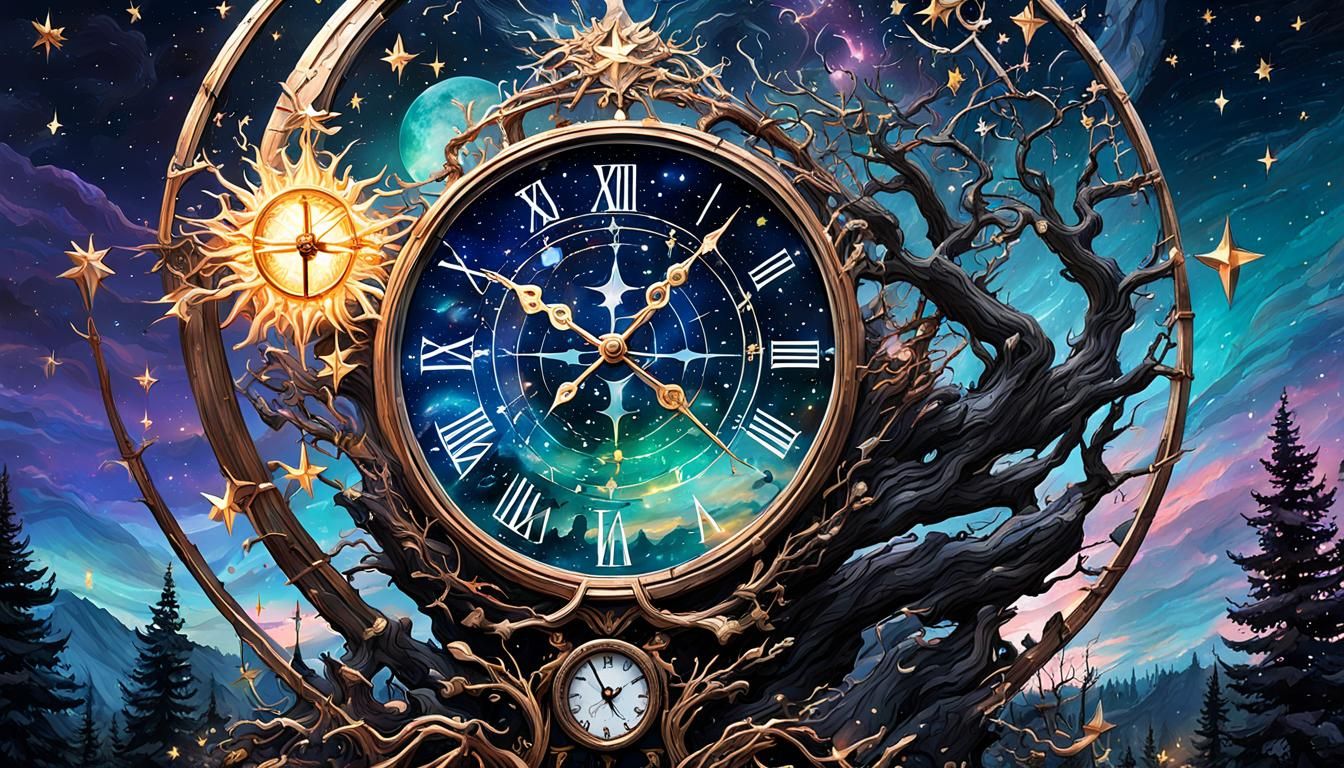 Enchantress Witch with Celestial Clock in Digital Art