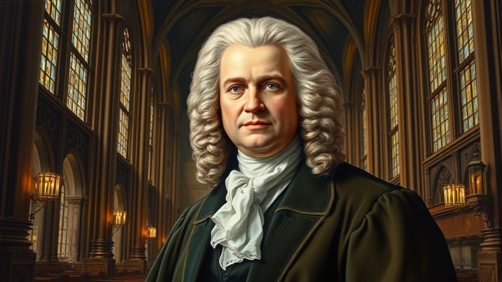 Bach Portrait in Baroque Church, Realistic Oil Painting