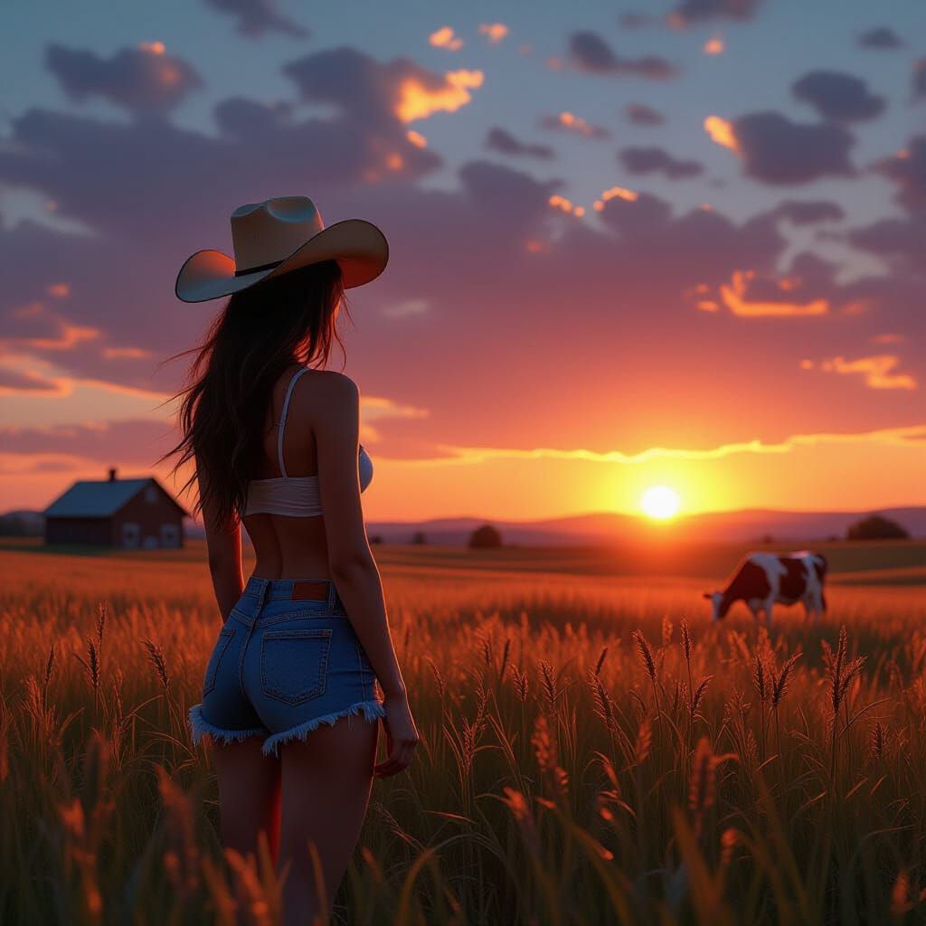 Cowgirl Watching Sunset in Vast Field, Matte Painting Style