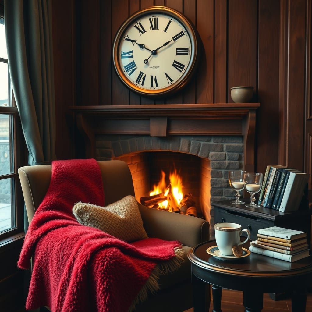 Cozy Winter Reading Nook with Warm Fireplace and Plush Armch...
