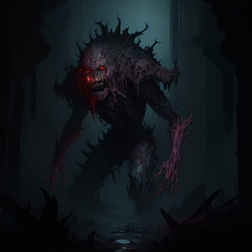 Frightened Woman in Dark Bedroom Menaced by Twisted Creature