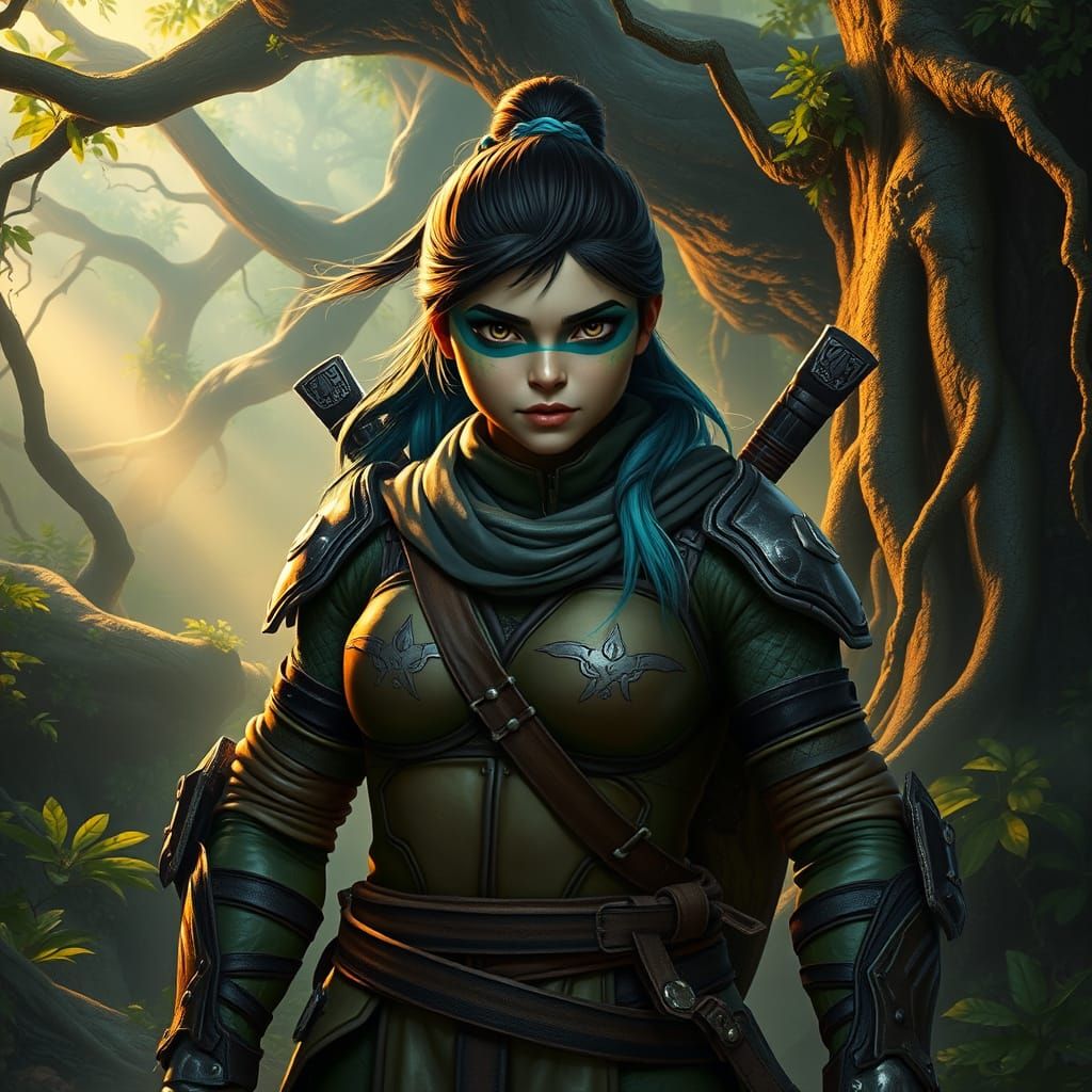 Heroic Ninja Turtle Woman in Vibrant, Mystical Environment