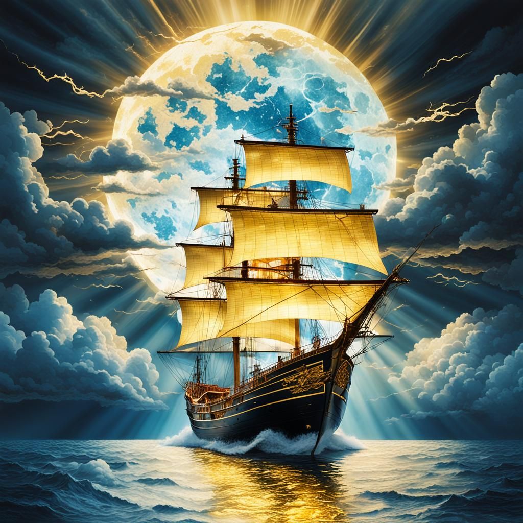 Ship Sails Through Moonlit Sky with Kintsugi Effect