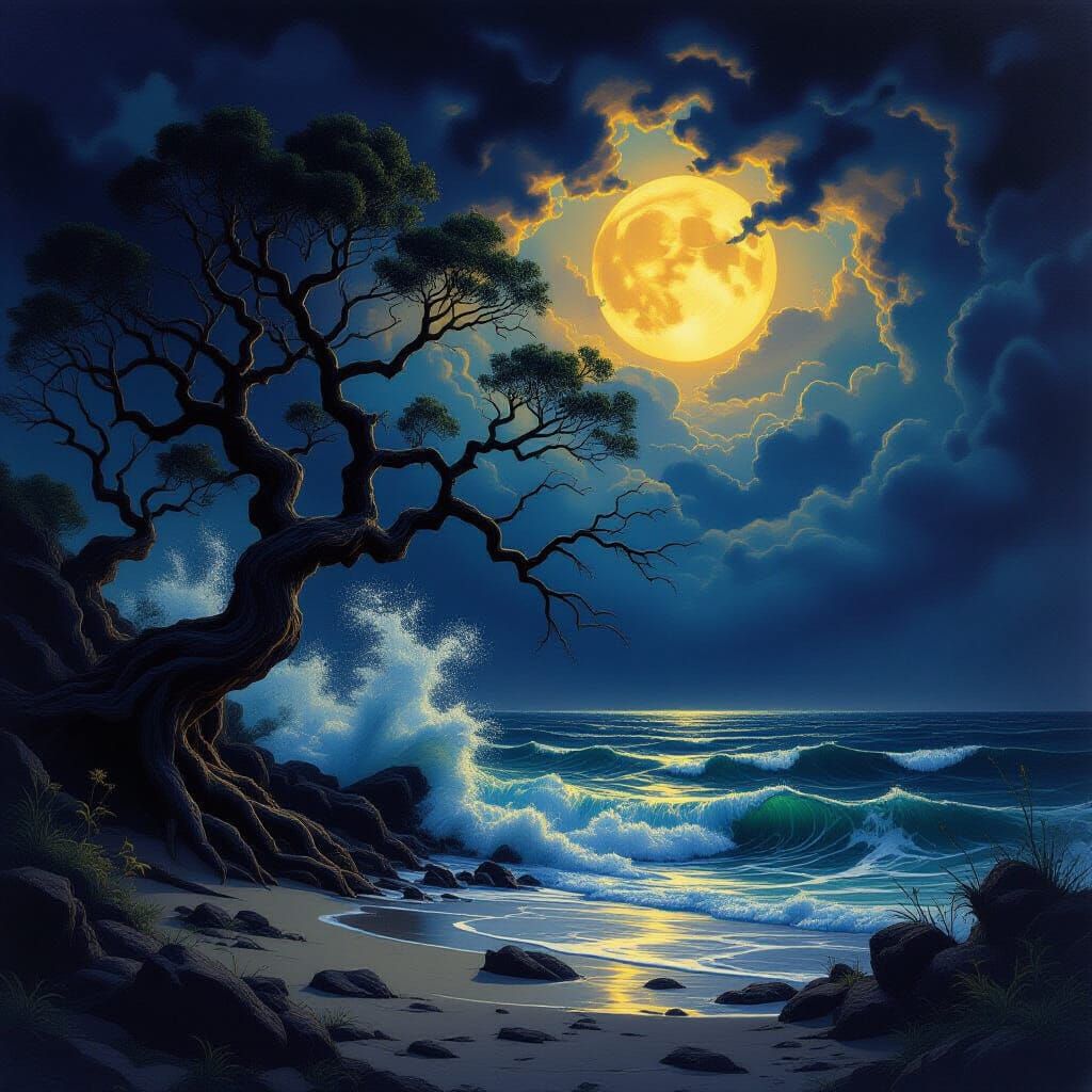 Tempestuous Night on Dark Shores in Fantasy Art Style