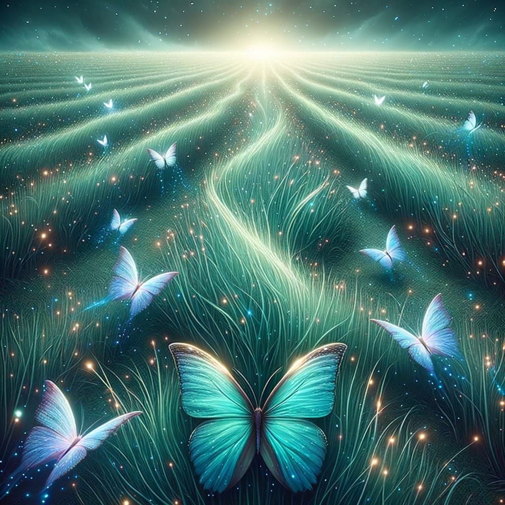Glowing Emerald Garden with Butterflies in Ethereal Flight