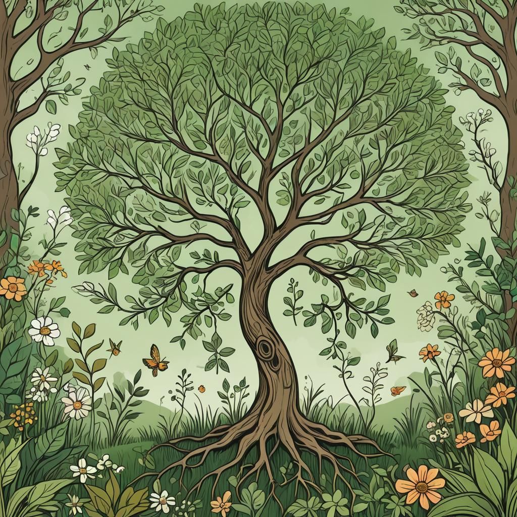 Stylized Hand-Drawn Tree Illustration in Lush Meadow