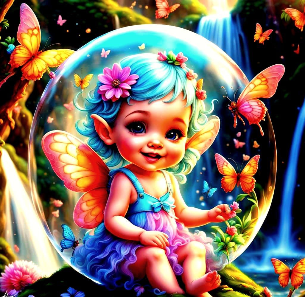 Baby Fairy with Puppies in Candyland Garden