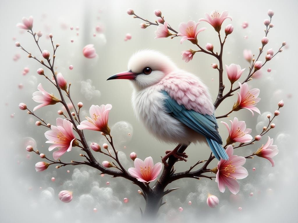 Pastel Bird on Branch Amidst Cherry Blossoms