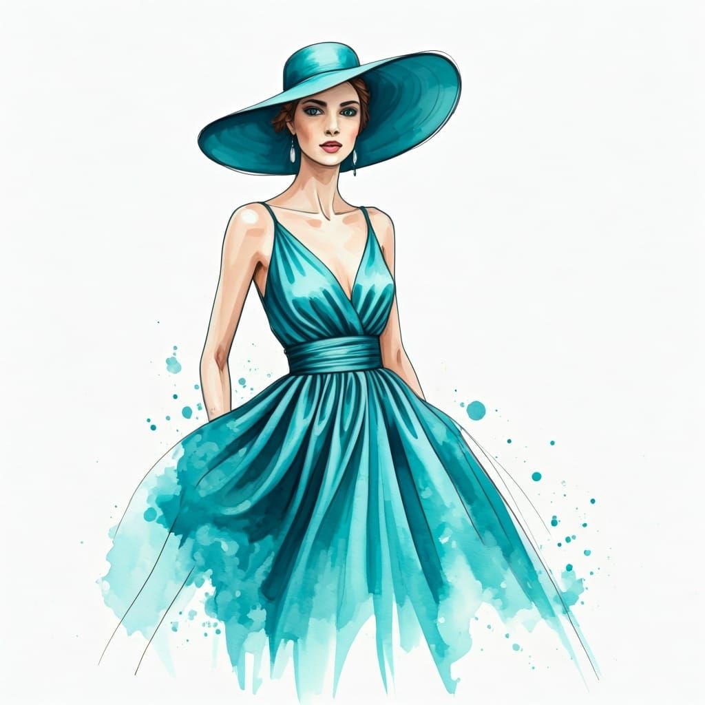 Elegant Woman in Turquoise Dress: Watercolor and Ink