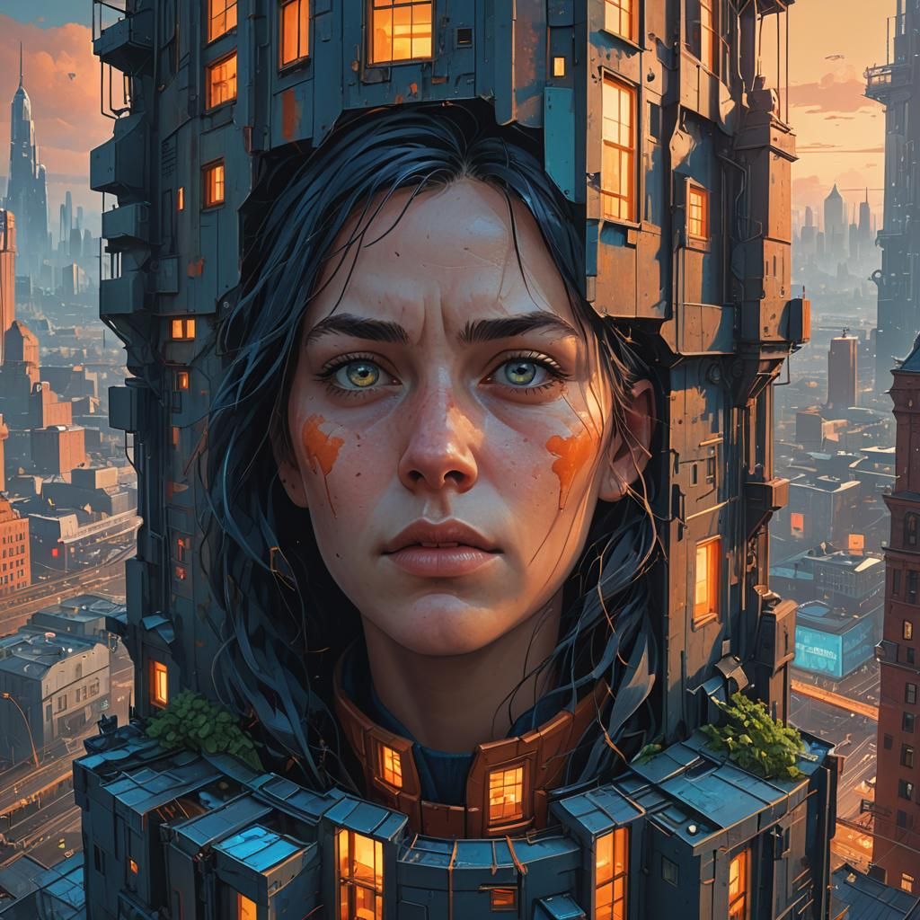 Cityscape with Woman's Face in Fantasy Architecture