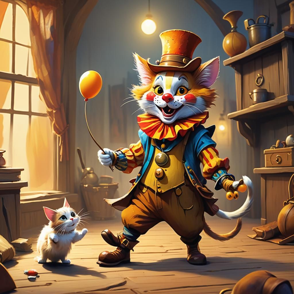 Clown Cat and Cowboy Mouse: Whimsical Illustration
