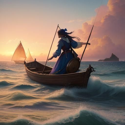 Girl Sailing at Sunrise: Impressionist Fantasy Art