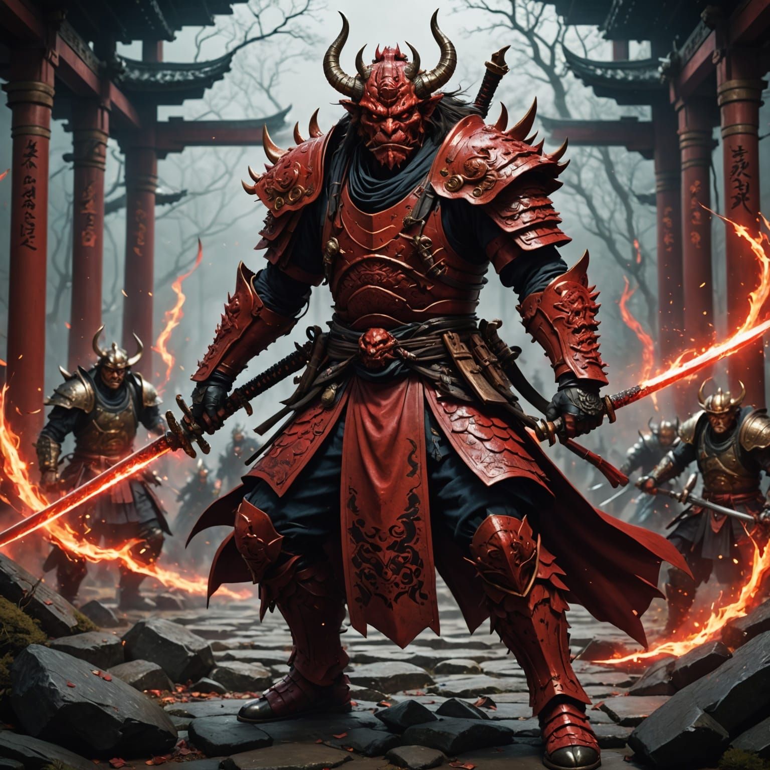 Red Oni Samurai Triumphs in Epic Dark Fantasy Battle
