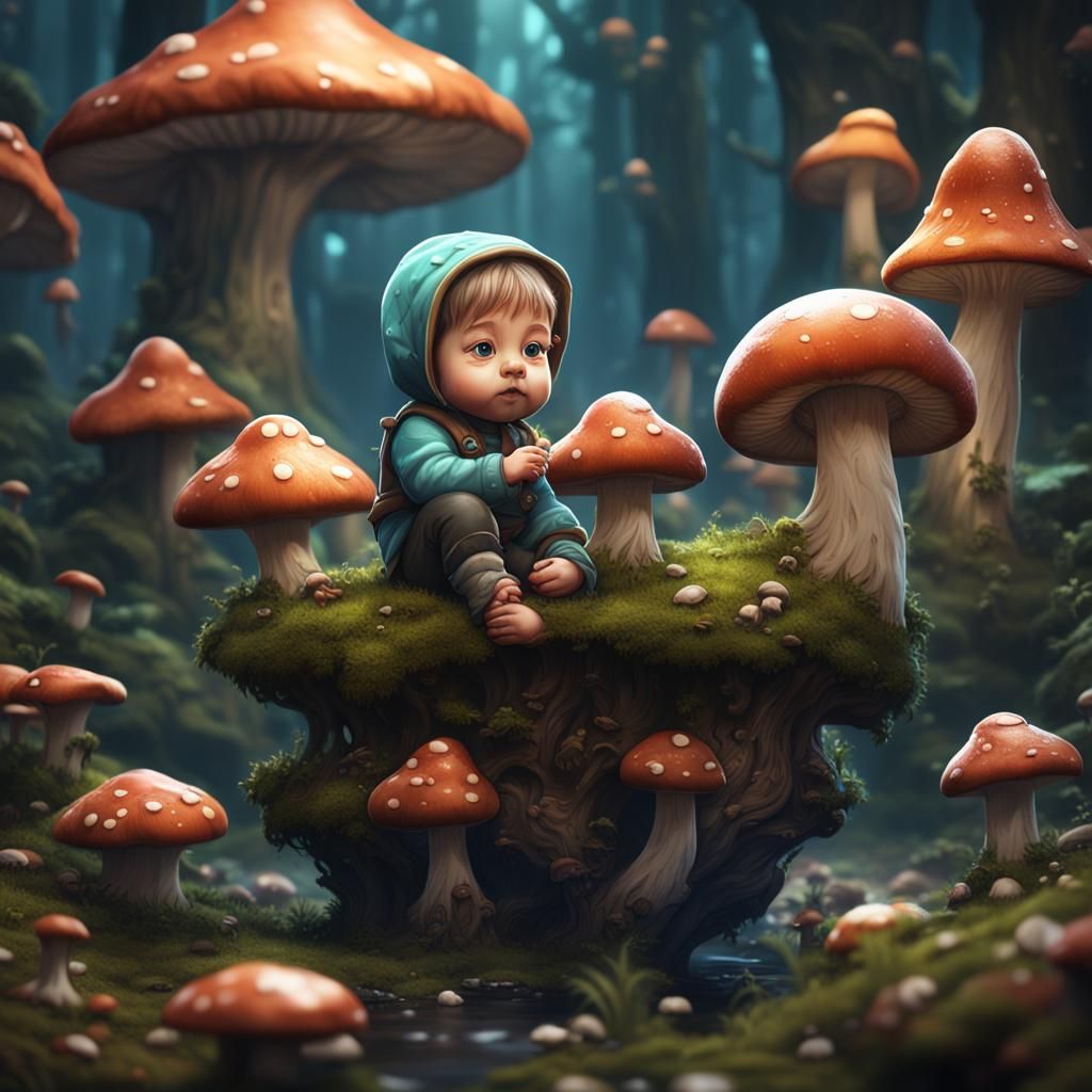 Chibi Baby with Mushrooms, Detailed Matte Painting