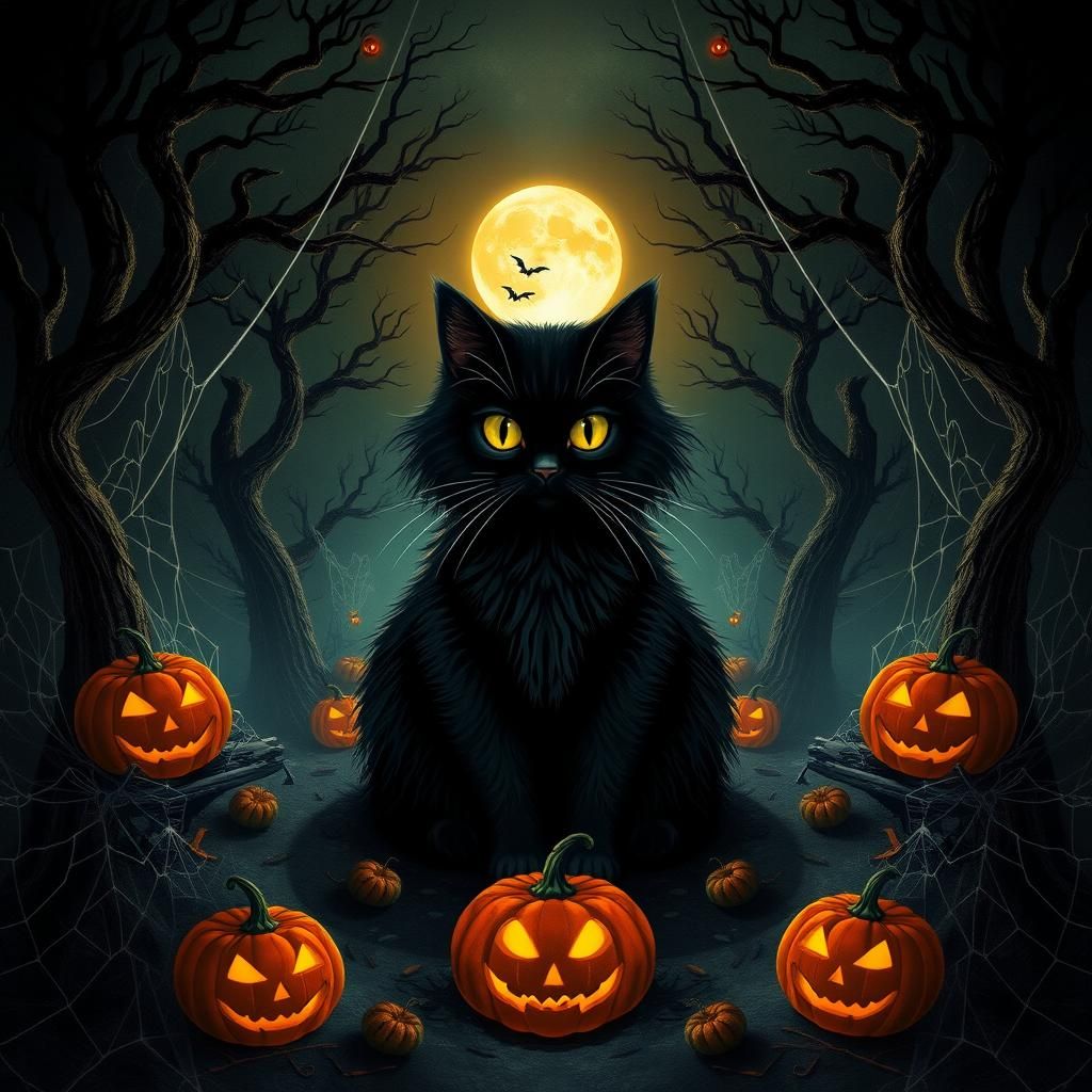 Halloween Cat in Dark Whimsical Style