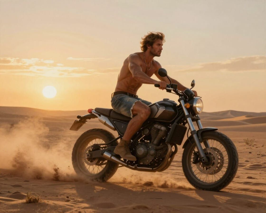 Muscular Biker Rides Motorcycle Through Desert at Sunset