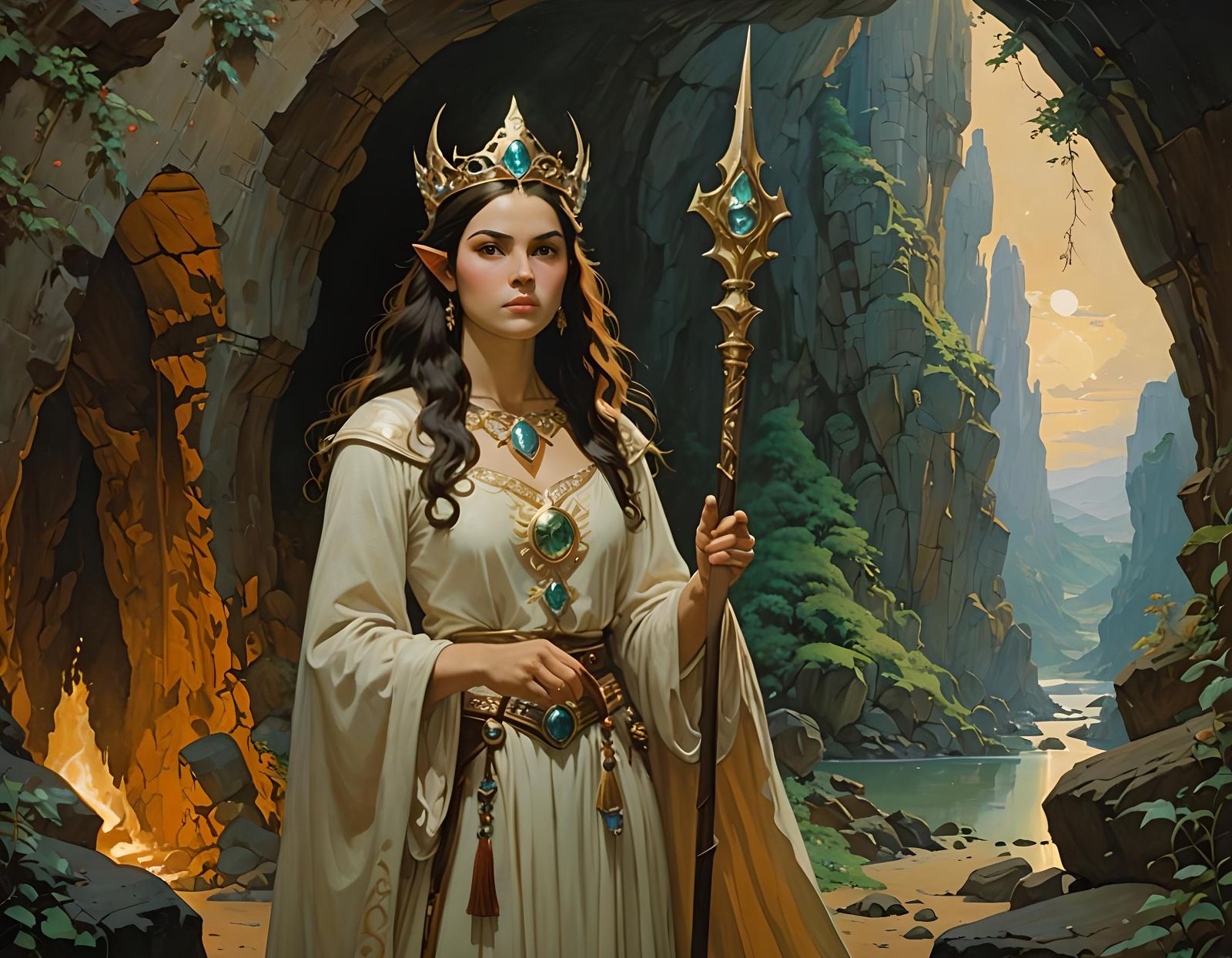 Female Wizard in Cave with Staff: Impressionism