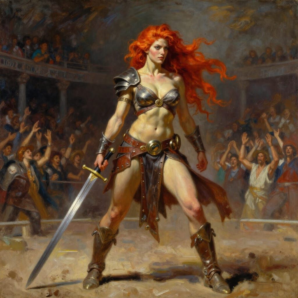 Fiery Haired Warrior in Dusty Arena Oil Painting