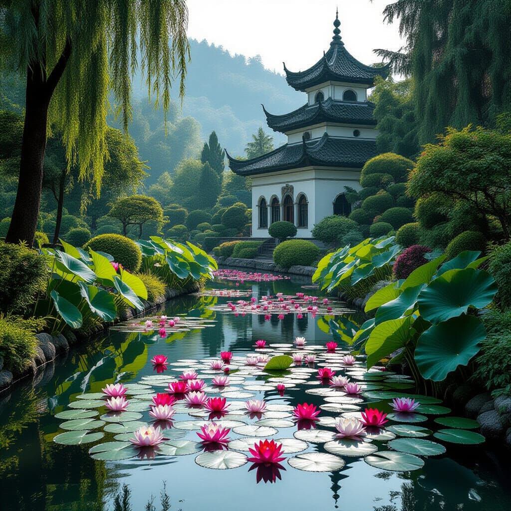 Beautiful Monastery Garden with River and Lotus Flowers