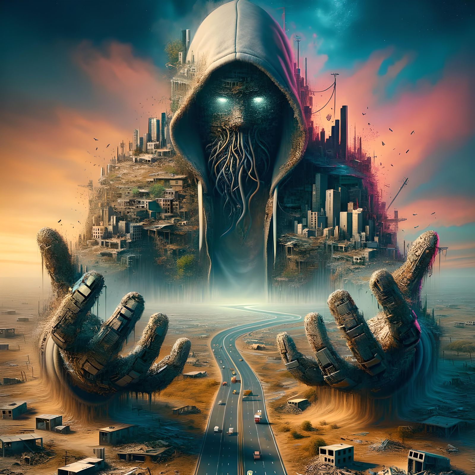 Robotic Gangster Ascends in Post-Apocalyptic Neon Landscape