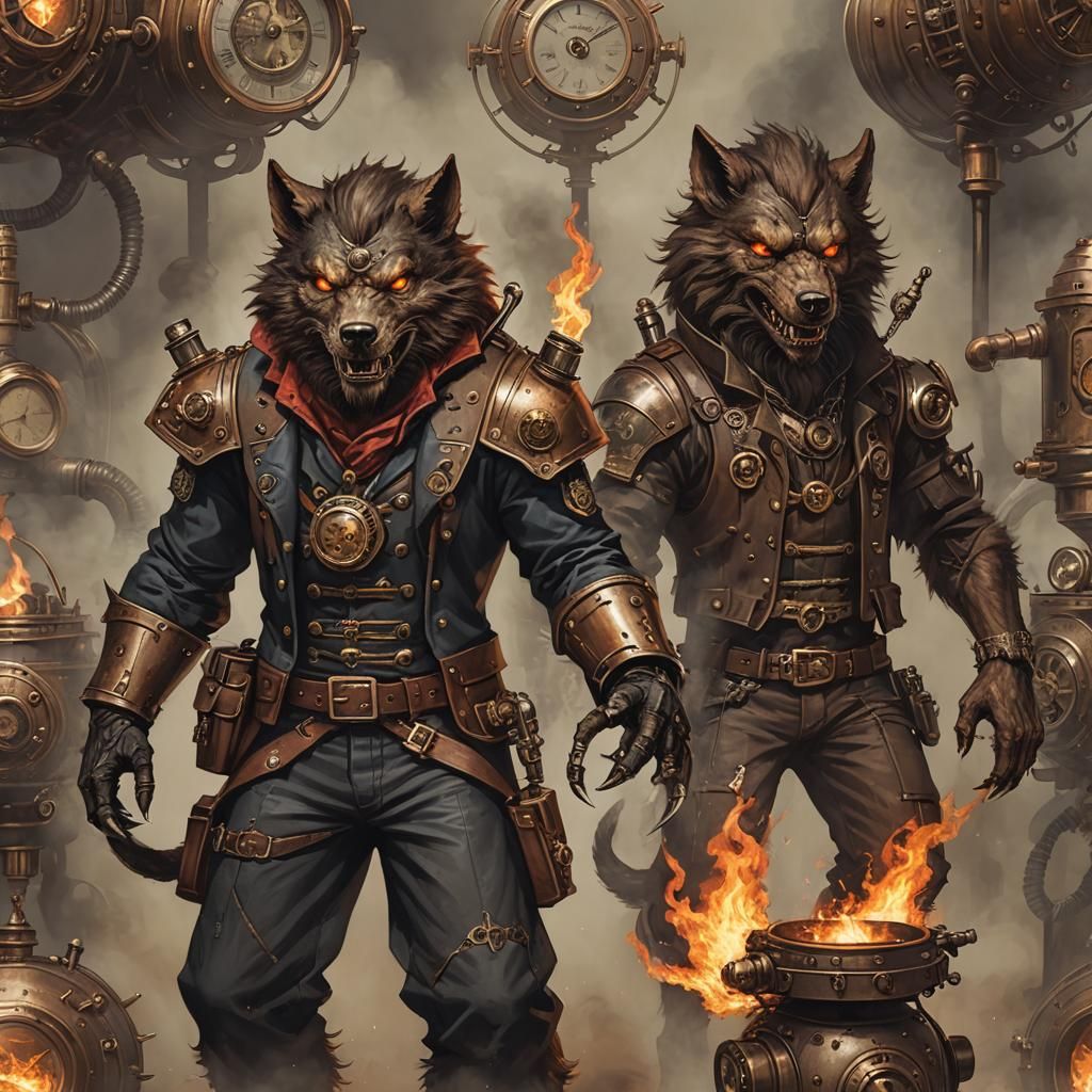 Steampunk Pyromancer Werewolf Illustration