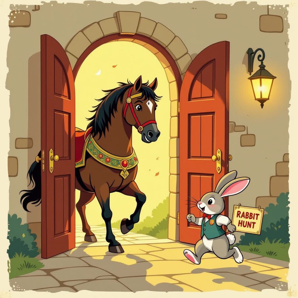 Trojan Horse Enters Doorway with Running Rabbit, Retro Style