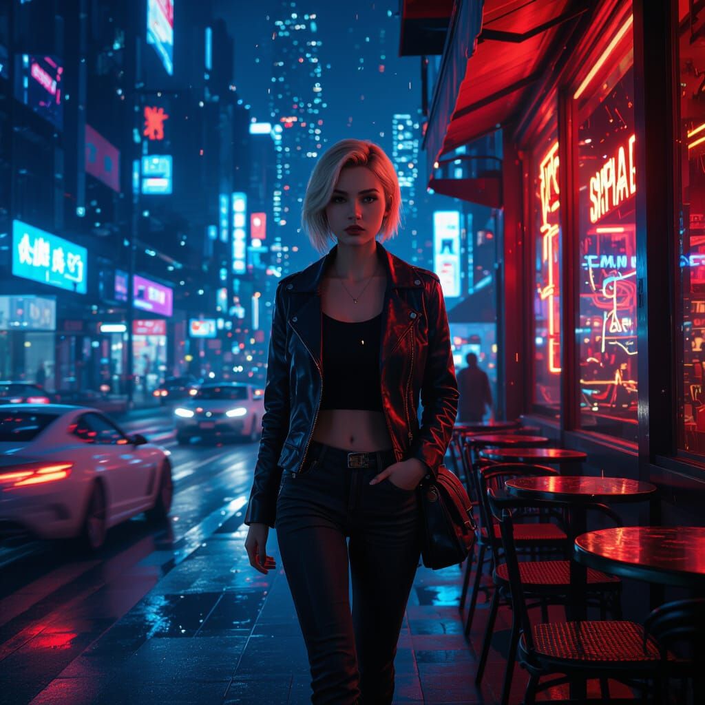 Futuristic Cityscape at Night with Woman in Cyberpunk Style