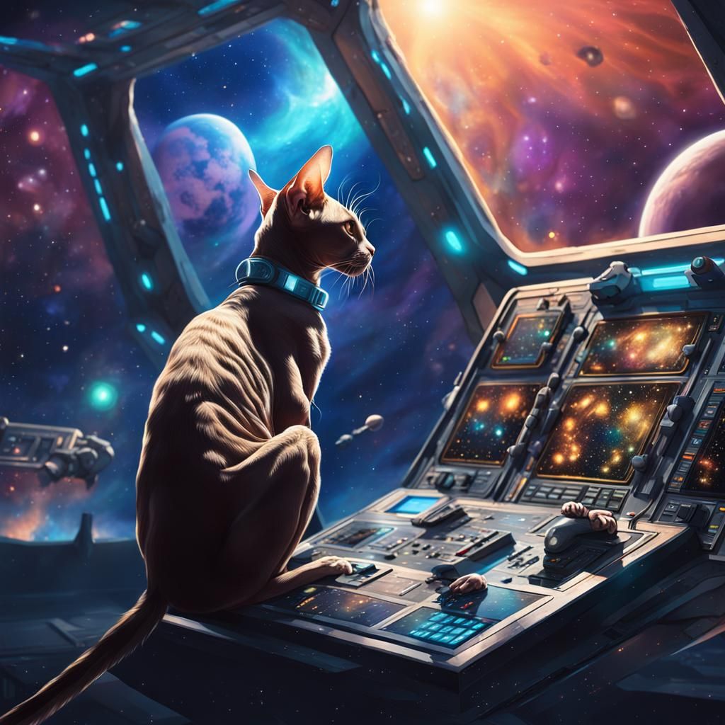 Hyperrealistic Sphinx Cat in Spaceship Splash Art