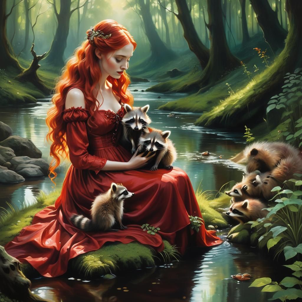 Girl in Red Dress with Raccoon: Surreal Oil Painting
