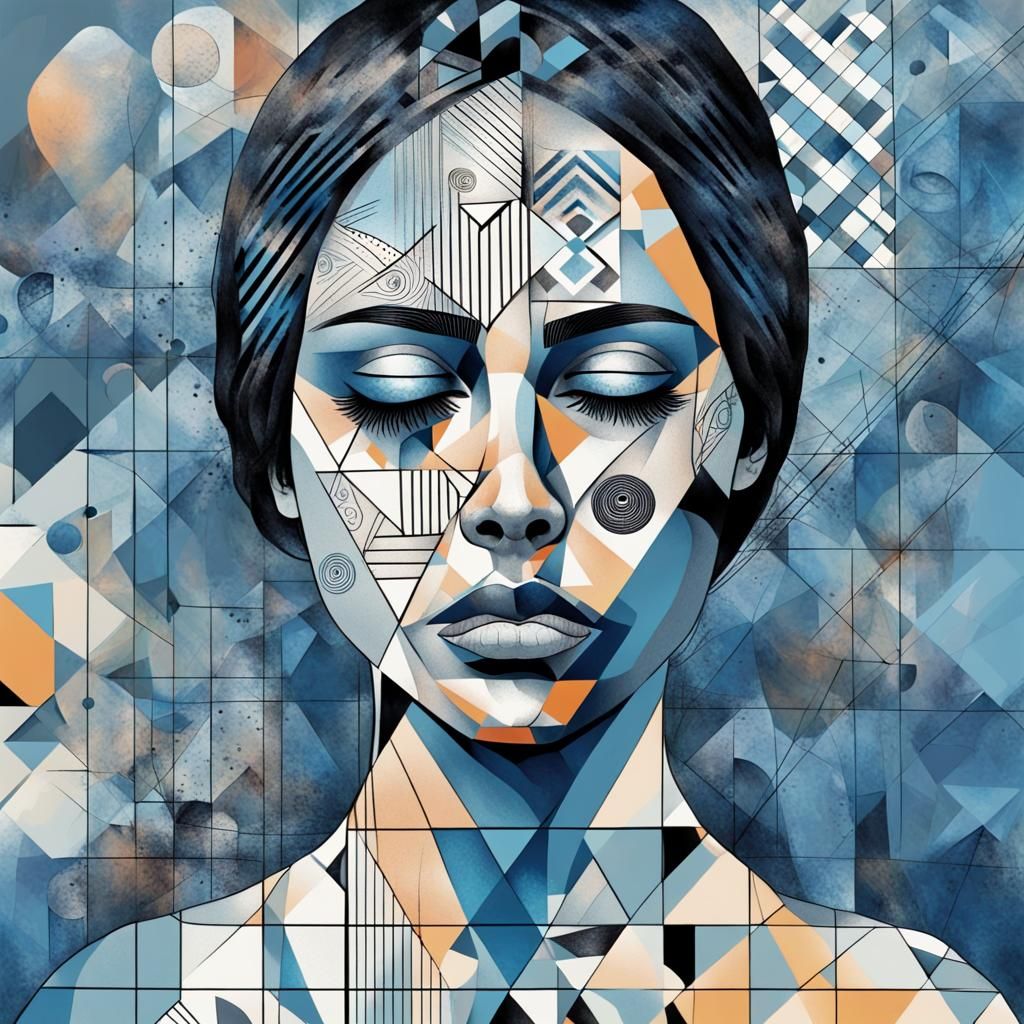 Abstract Blue Portrait of a Sad Woman