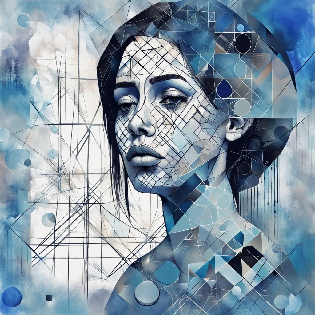Abstract Portrait: Sad Woman in Blue Palette