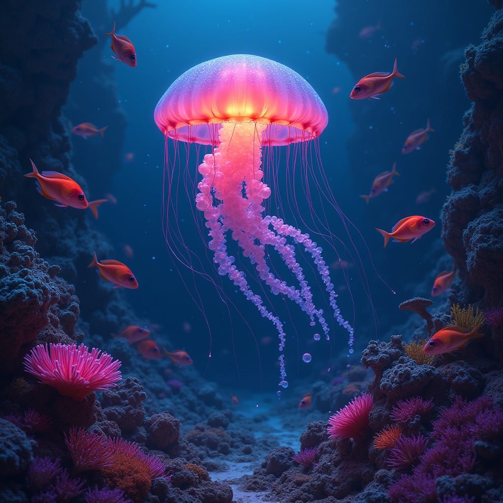 Bioluminescent Jellyfish Dance in Neon Ocean