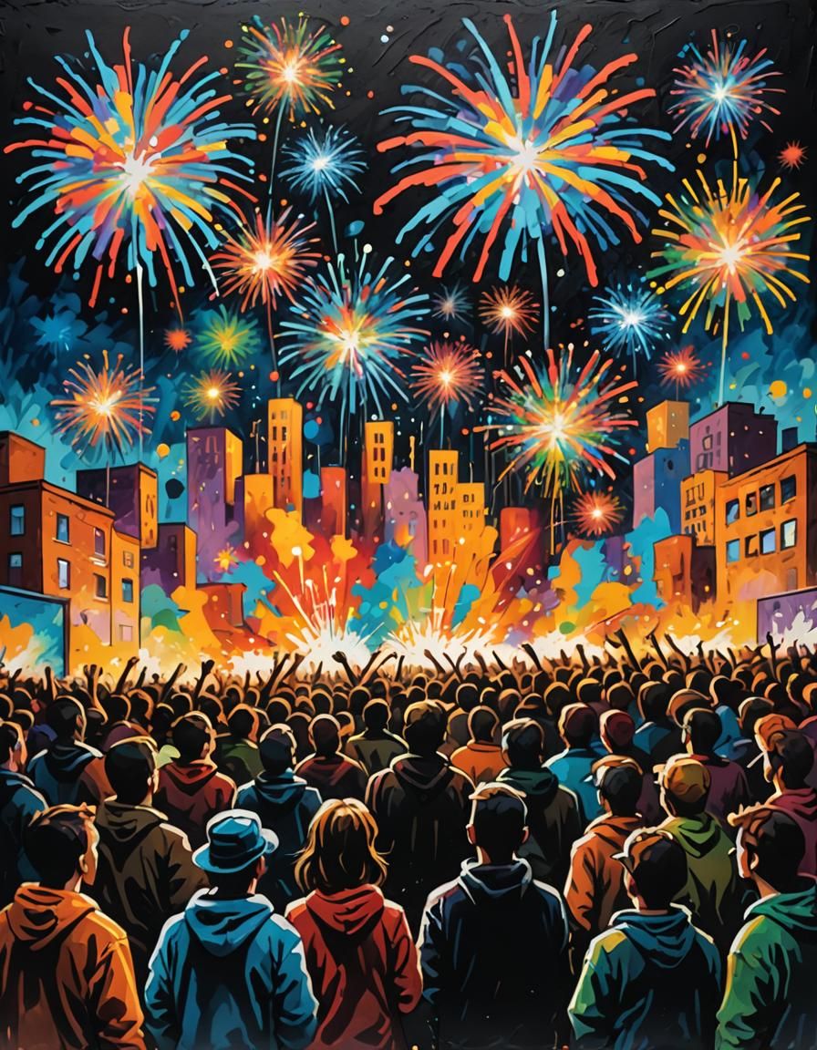 Fireworks across the night with silhouettes of watching audi...