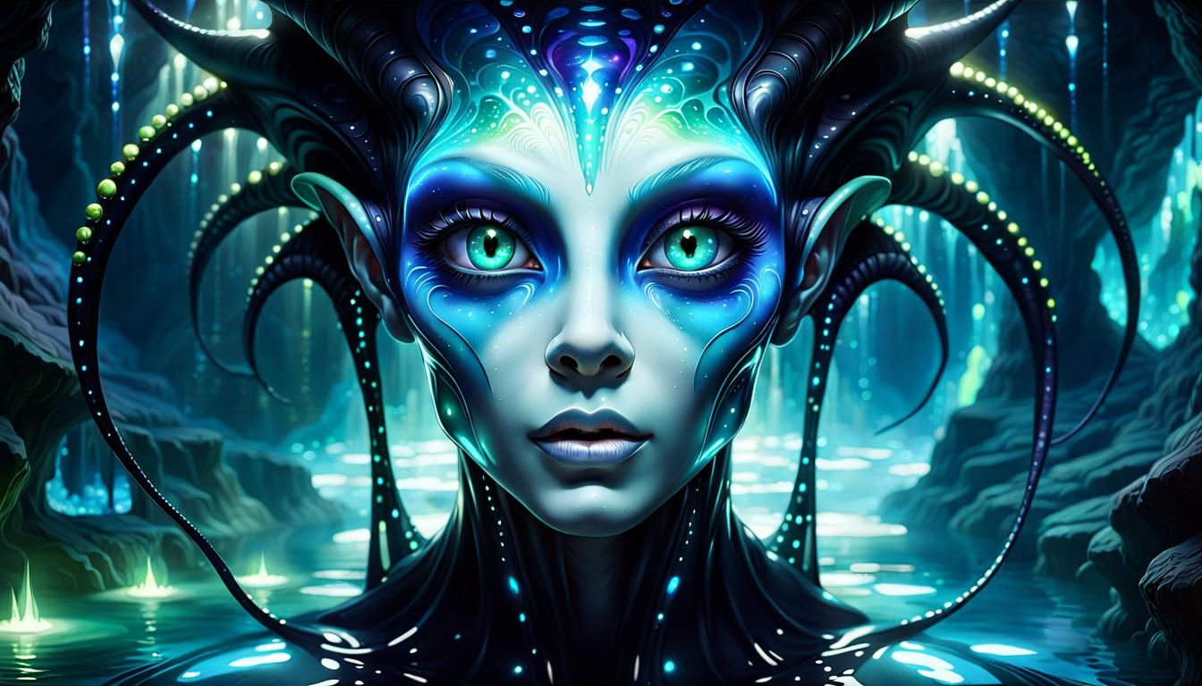 Creepy Alien in Luminous Cave Pool: Digital Watercolor