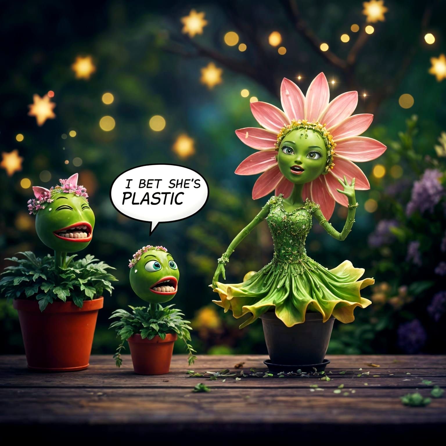 Whimsical Fantasy Scene of a Plastic Plant Singing in a Plan...
