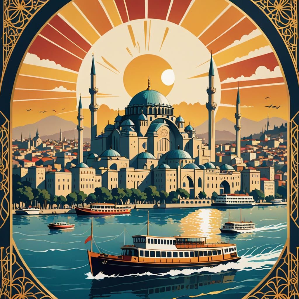 Elegant Art Deco Poster of Istanbul's Bosphorus