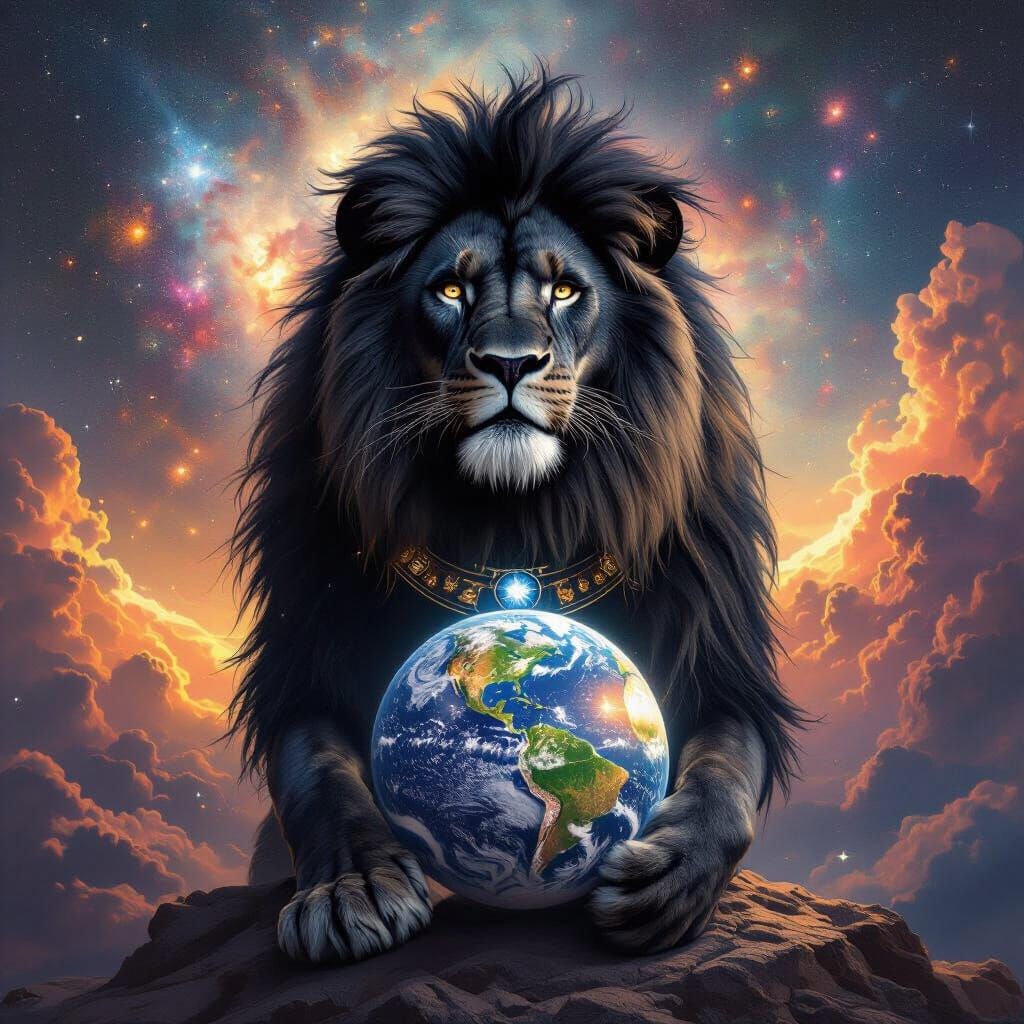 Regal Black Lion Grasping Earth in Fantasy Galaxy