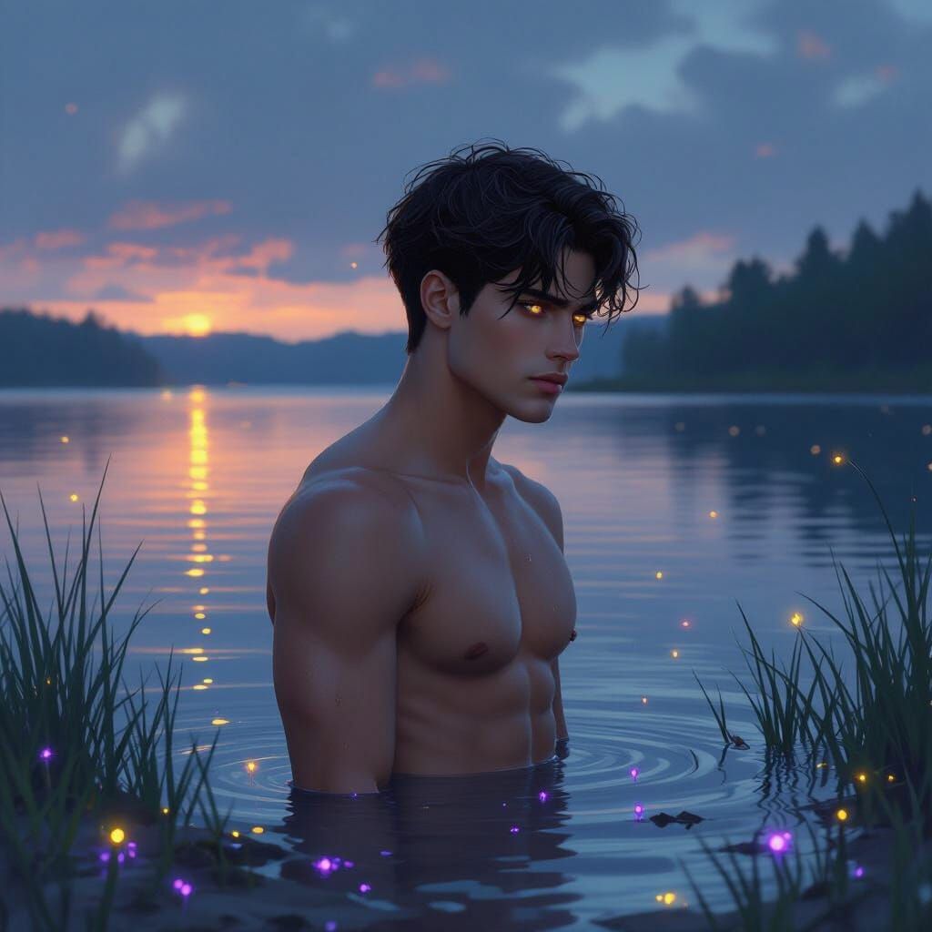 Young Man Gazes at Reflection in Twilight Lake