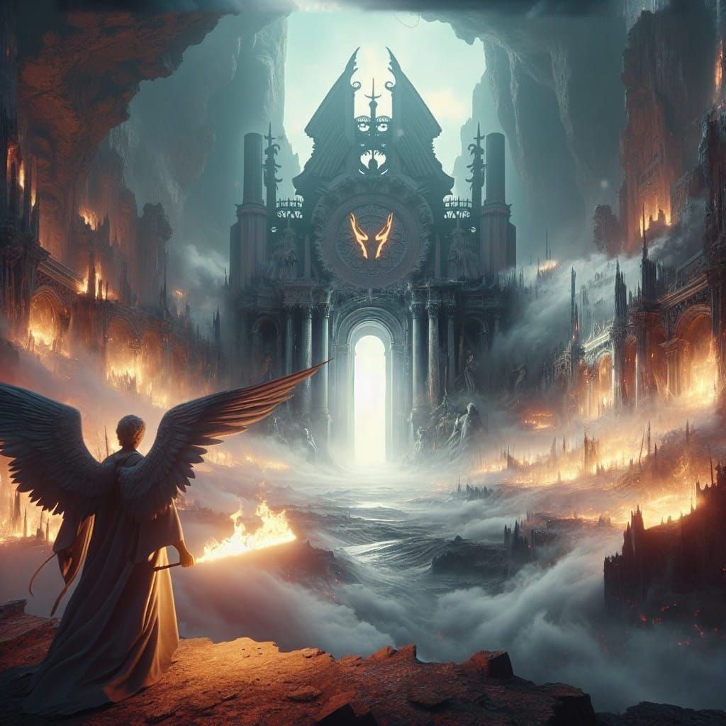 Dark Fantasy Angel Wields Flaming Sword Before Desolate Demo...