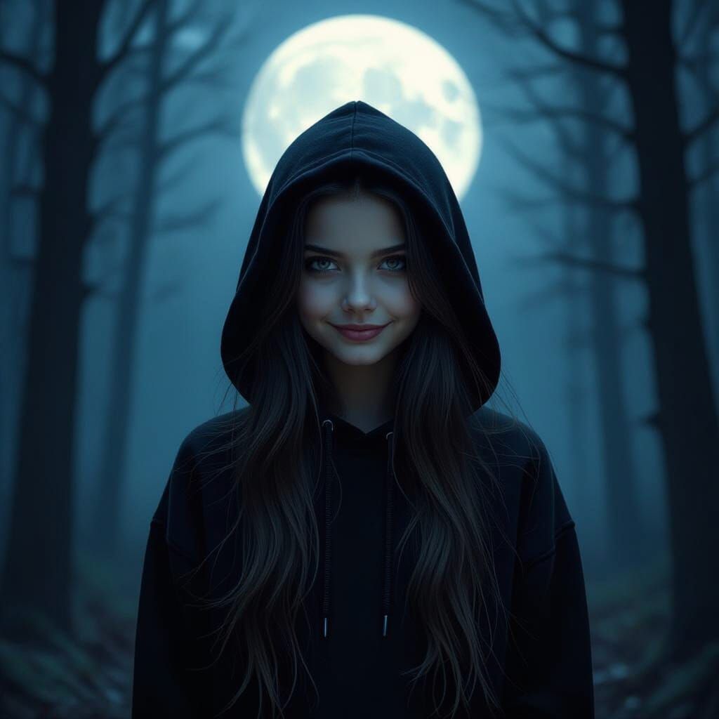 Eerie Hooded Girl in Dark Forest, Cinematic Style