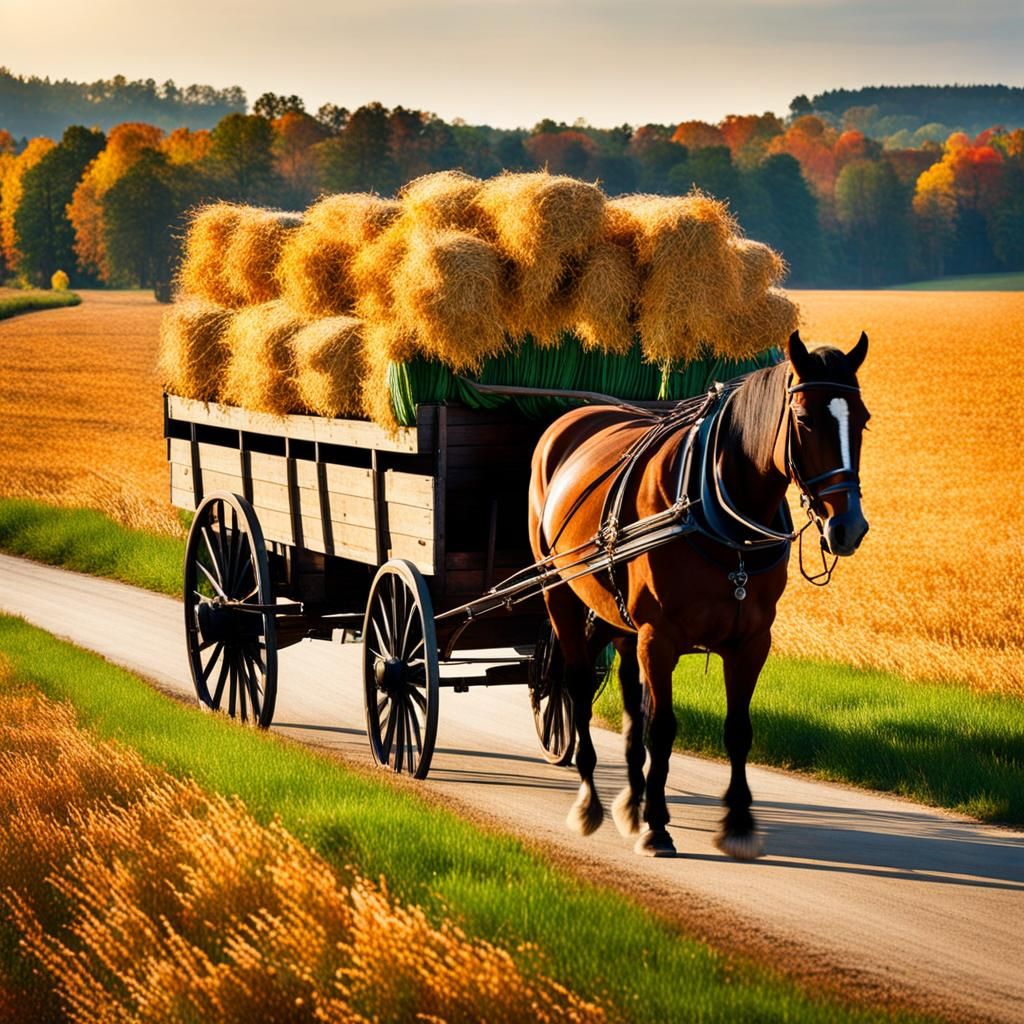 Autumn Harvest: Horse-Drawn Wagon in Rural Scene