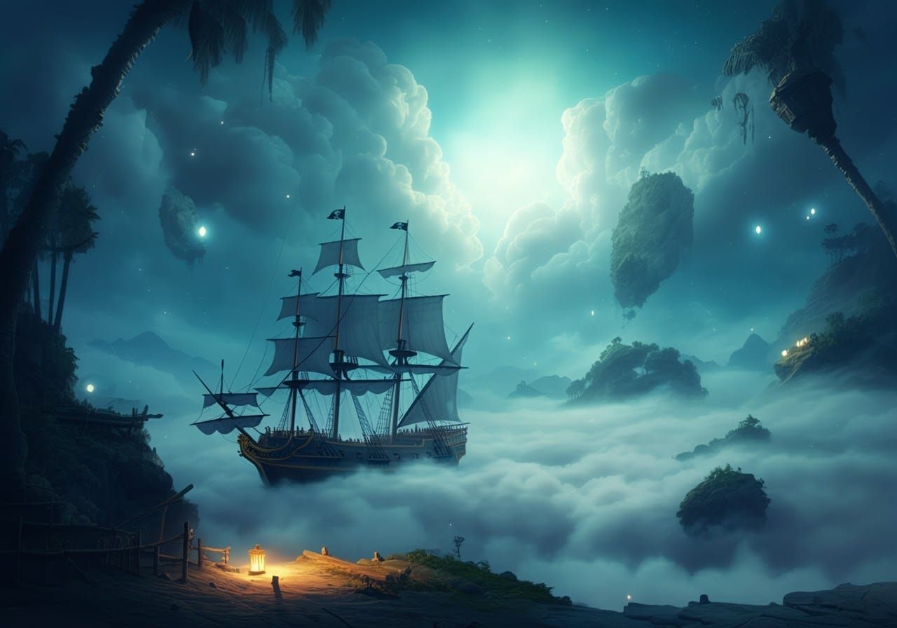 Surreal Pirate Ship in Dreamy Luminescent Landscape